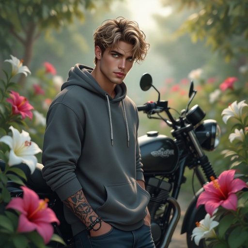 A 19-year-old young man leaning casually against a sleek black motorcycle, parked in a garden surrounded by lilies and hibiscus flowers. He has short, tousled dirty blonde hair and striking green eyes laced with gray, as if wearing contacts. His build is lean but muscular, with broad shoulders and defined arms beneath a fitted gray hoodie. His olive skin contrasts with the soft floral background. He keeps his hands in his pockets, exuding quiet strength, jaw sharp, gaze distant and moody. A black skull tattoo is visible on the back of his right hand, adding a rebellious, dangerous edge. Cinematic, photorealistic detail, dramatic atmosphere, soft natural lighting.