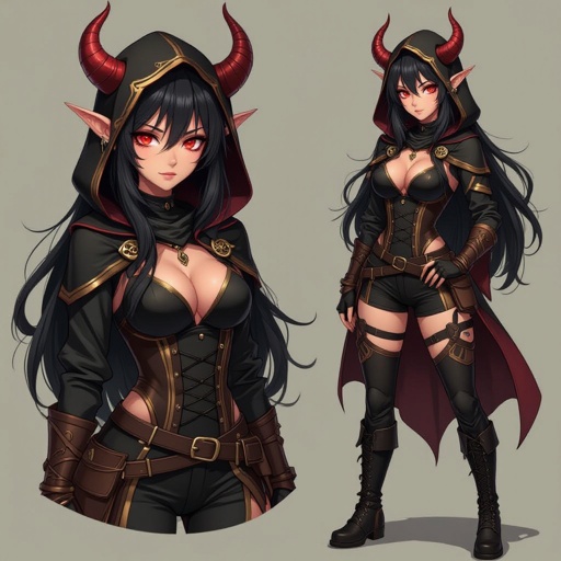 Create a 17 year old beautiful tiefling. She has long black hair with a streak of gold going through. She is very beautiful. She has one red eye and one black one. She has light tan skin and has skin coloured patterns. She has small horns and is very alluring. She is wearing skin tight long sleeves and trousers their and adventure clothes with a hood. She is 5’8 and 113  pound and very sexy with an hourglass figure. She also has a toned build. She is also wearing black boots. She is also badass and very cool