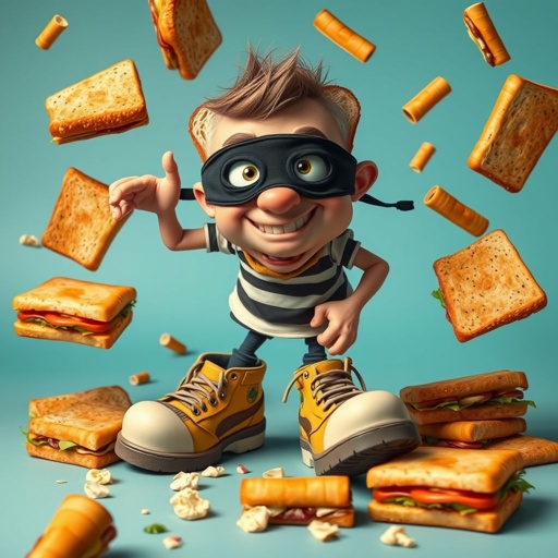 Create a funny looking clumsy sandwhich thief with funny shoes on. Make him have on the bandit black thing around his eyes 