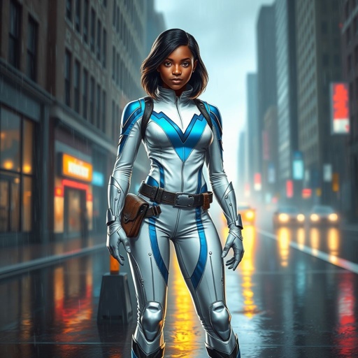 A teenage African American female superhero with hair in a shoulder length side part style wearing a slightly homemade white and silver suit with blue accents and a stylized V as her chest emblem a utility belt and silver boots standing in Philadelphia during a rain storm