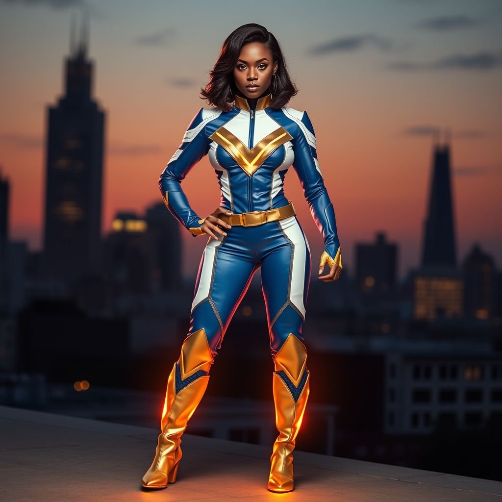 African American female superhero with shoulder length hair in a side part style and wearing a homemade leather white and blue suit with gold accents and blue pants with a stylized V as her chest emblem wearing gold flat boots made of gold fire standing in Philadelphia at dusk