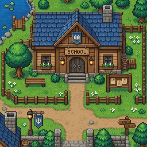 Village wood school for a modern fantasy game, exterior, top down style