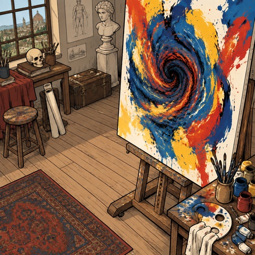 an artist's studio with a large painting on the easel