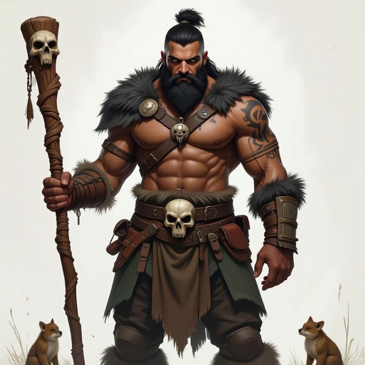 Kael the Beastbound – A rugged, broad-shouldered man with black skin and a rough beard, wearing armor made from bone and leather. deep green eyes tattoos of animal tracks spiral down his arms. He carries a massive wooden staff carved with the shapes of beasts, and small creatures often perch on his shoulders or follow at his feet.