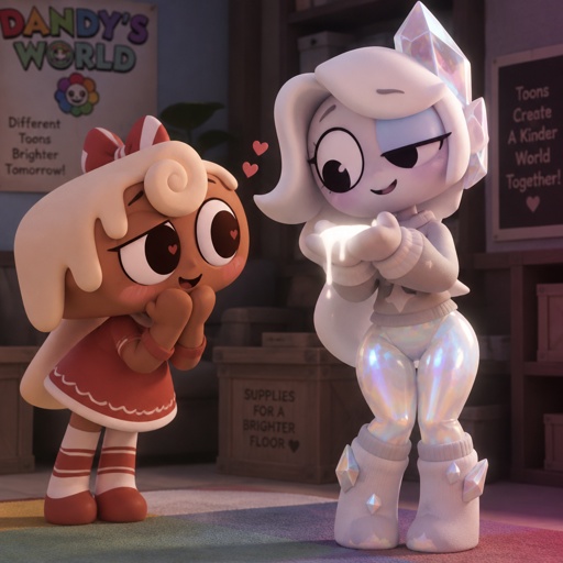 Ginger from Dandy’s world watching my dandy’s world Oc and summer main Crafter the Opalite shard who happens to be Gingers love showing her white Ichor aka Purified Ichor and Ginger notices that her legs and hips and waist are Opalite and the tops of her socks have Opalite crystals on them but she doesn’t mind 