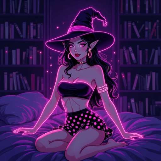 Dark Brunette Elf Witch Librariani with With Hat.  Strapless Bathing Suit Top and Black and white Polka Dot Mini Pencil Skirt laying on Library Bed
