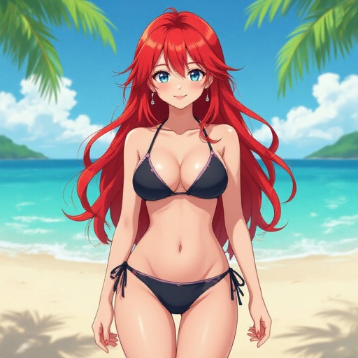 Bra, tight thong, red hair, full body, beach