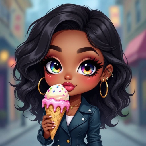 Create a chibi character older lady who is a city girl, make her kinda dark skin