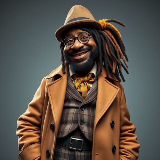 Create a funny fat character similar to Sherlock Holmes, but make him of black decent and with dread locks. Show his whole outfit including his shoes.