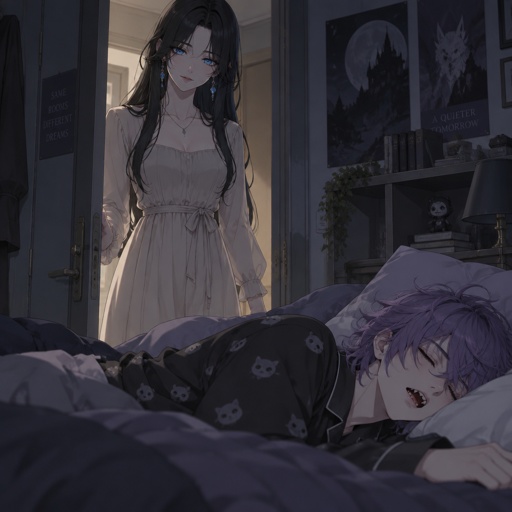 Two siblings, Female name Liz, oldest, tale, pale, beautiful, very calm expression, mysterious, black long curtain bangs hair style, bright blue eyes, wearing nice casual dress wearing jewelry,male, name Ward, middle child, made to be weapon, highly skilled, emergency backup case he gets out of control, hair violet messy bun, clean shaven, sharp teeth, dark power,Liz entering wards room to wake him up,ward in his pajamas past out on bed,his hair down to neck and messy