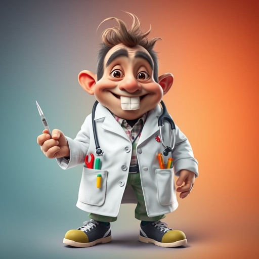 create a doctor. Who is funny human looking from head to toe. And he always immediately results to surgery for anything even small things. So please be sure to show his whole outfit head to toe. Make him have only 1 tooth