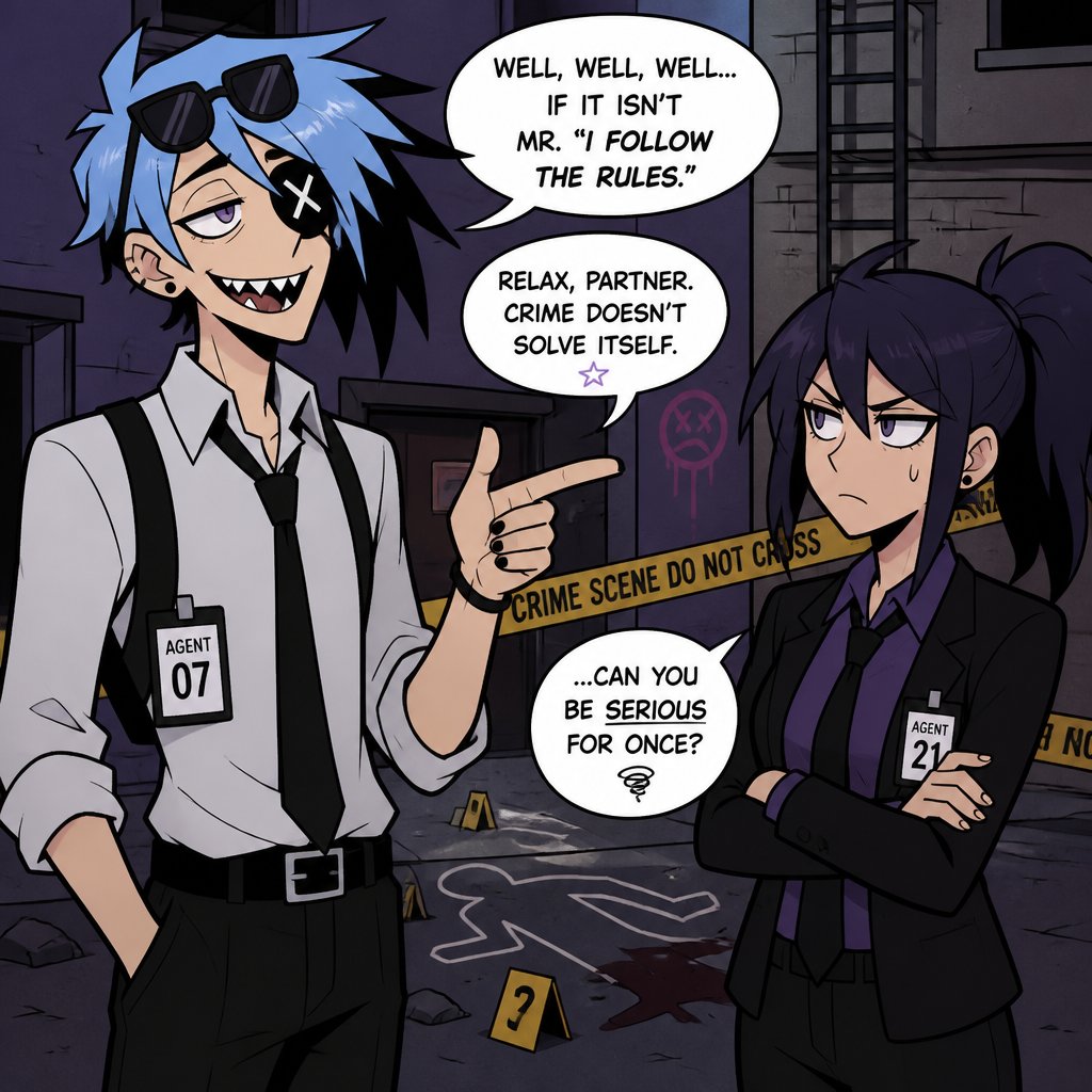 Comic Anime Agent Rockwell very poof up messy hair half side longer and drooped down he has light blue hair with black tips,purple eyes,sharp teeth,sunglasses on head,he was made in a secret facility,has power of death,great agent detective takes job seriously and is really good at it,in his mid 20s left eye blind,tall, thin, and really tied mischievous and reckless, likes joking to hide his exhaustion,coffee and messing with his partner,his partner looking annoyed but also concerned about him but trying to take this case seriously they are talking about the crime scene and what could have happened