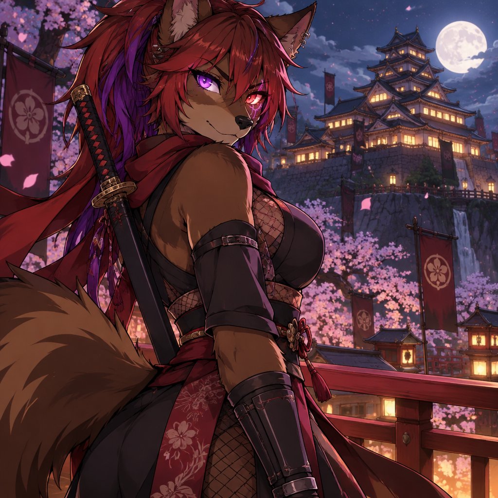 Female wolf furry, brown fur, cybernetic eyes, messy red and purple hair, kunioichi outfit, ninja sword on back, castle