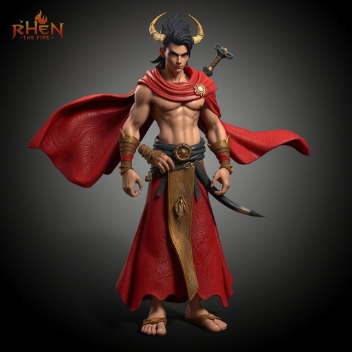 Create handsome hero Rhen the Fire – A lean, muscular man. He wears layered, flowing desert robes dyed in warm reds and golds, with scorch marks where flames have licked them. A curved blade hangs at his hip. Show whole body head to toe including her shoes.
