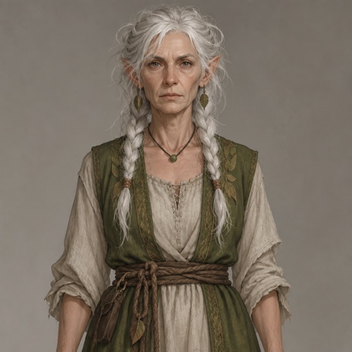 Female, wrinkled, slim, two braids, messy white hair, skinny, leaf earrings, dress, green vest, brown rope around waist, slightly pointy ears, serious , one bead necklace, concept, face expressions