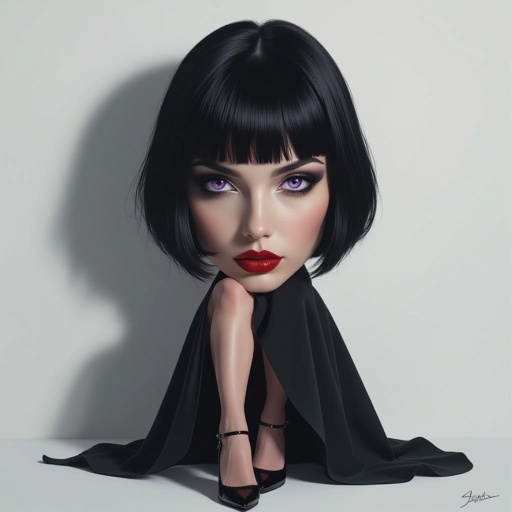 Show her shoes and entire body. Create mysterious woman jet-black hair is cut sharp to her jawline, and her violet eyes seem to pierce through darkness. A shadowy aura clings to her form, faint shapes shifting and flickering behind her like whispers of another realm. Show whole body head to toe