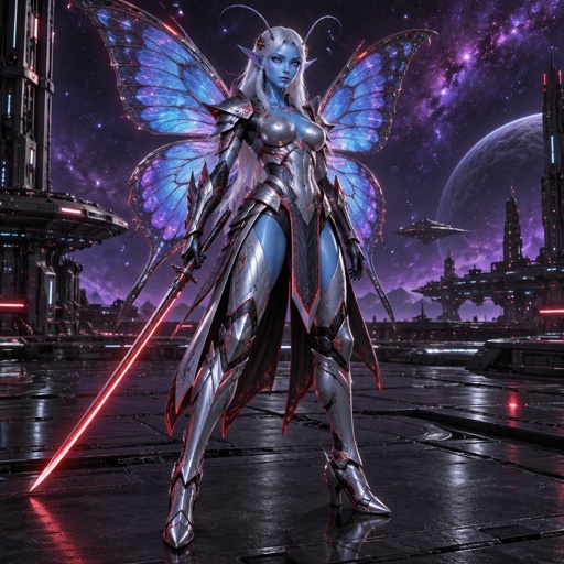 A gorgeous alien butterfly woman in a futuristic space samurai armor. Show whole body. 