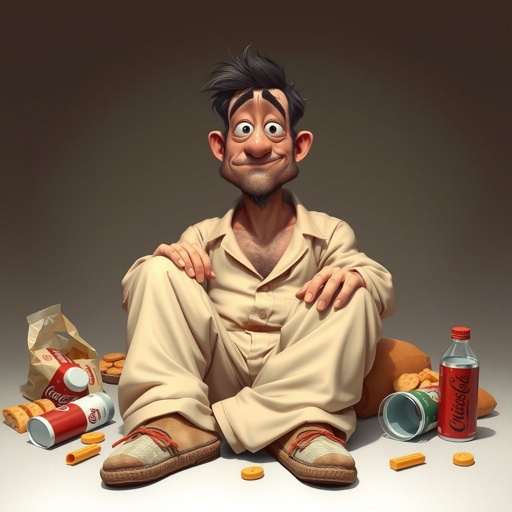 Create mid 30 character who is lazy as heck. And you could tell from his face and his entire outfit. Make is funny and the style of the graphic photographic