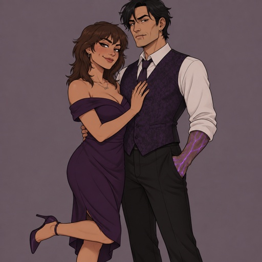 Female, slim, straight brown medium length wolf cut hair ears completely covered by hair, freckles, dimples, long eyeliner, upturned nose, bad guy, knee length purple dress off the shoulders, jewelry, necklace infinity symbol, heels, wedding ring, smirk, no cleavage showing, Male, slim, black messy hair, back hair, brushed side hair, scar on upper and lower lip, ear piercing ring, mid 40s, glowing purple hands, purple glowing veins, bad guy, purple vest, white shirt, wedding ring, clean shaven