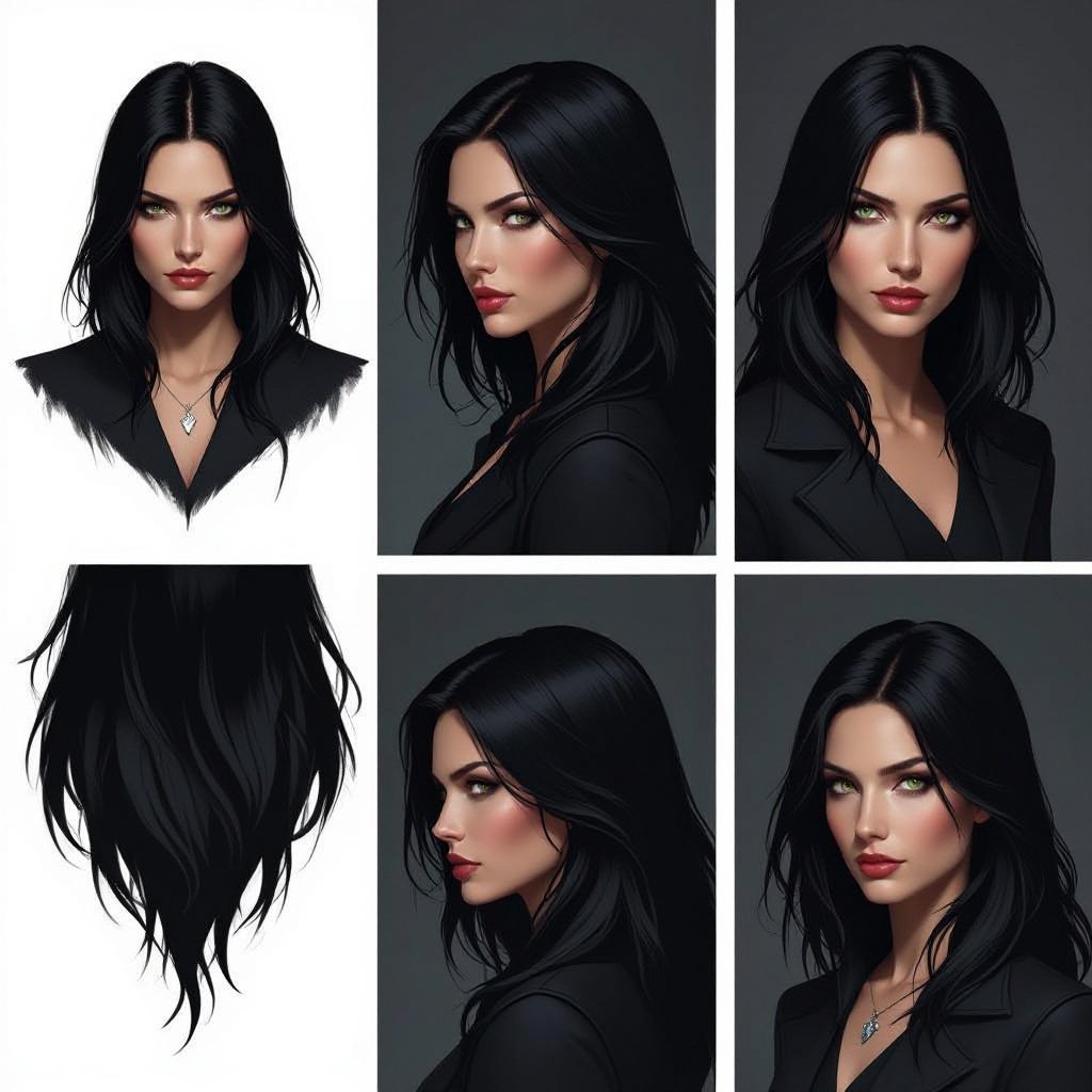 Show character head to toe. Create a mid age fantasy woman jet-black hair is cut sharpand her eyes seem to pierce through darkness. A shadowy aura clings to her form,