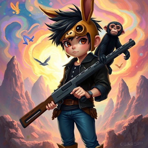a young white boy 5,6 with black shirt with boots and skinny blue jeans with black hair and dark brown eyes and he wears a tan bunny helmet mask with camera in the bunny eye of the mask and he has a pet black monkey on his shoulder along with him holding a shotgun and his white t shirt along with a black biker biker top jacket