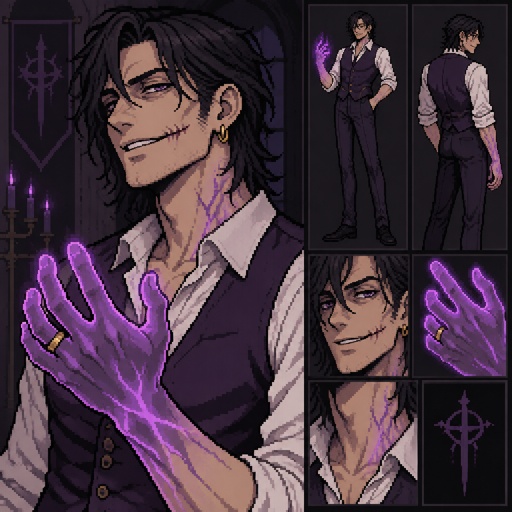 Male, black messy hair, side bangs, neck length hair, scar on lip, ear piercing ring, mid 40s, slim, glowing purple hands, purple glowing veins, smiling, bad guy, purple vest, white shirt, wedding ring