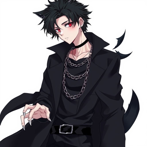 Create in anime style, a teenage adult male human who is gothic and has pale skin and is wearing black attire and has werewolf features including werewolf’s ears and werewolf’s claws and a werewolf’s tail.