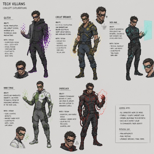 Male Villain with technology abilities, eye mask, stubble, no trench coat, multiple of the same character 