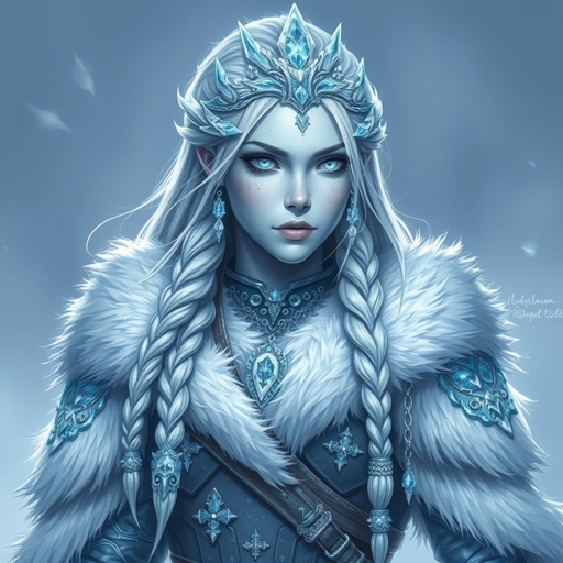 Create a character head to toe showing the whole character, meaning legs feet body face everything: A tall, battle-hardened woman with pale, icy-blue skin. Her long silver hair flows in braids tipped with frozen beads. She wears heavy, fur-lined armor made from the hides of snow beasts. Her eyes glow faint blue. A frost-shaped crown rests lightly on her head.
