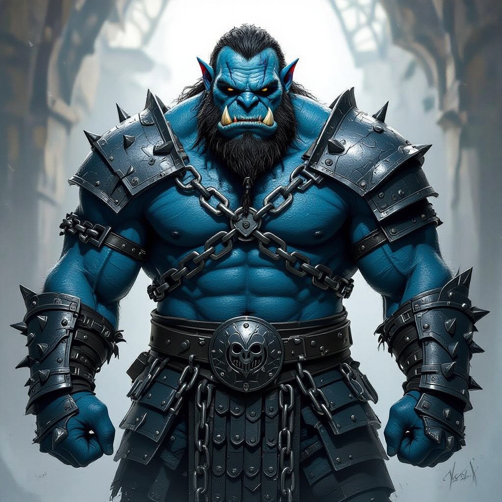 ogre with heavy chain mail armor, blue skin