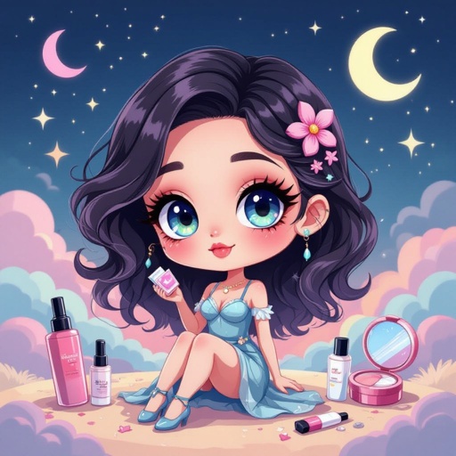 Create a chibi character showing a lady who loves beauty products  