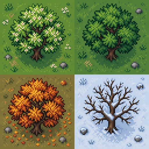 tree for a modern fantasy game, in all the seasons, top down style, more realistic 
