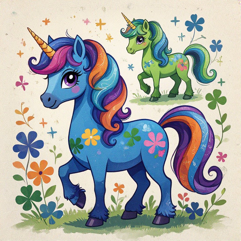 Blue orange purple green clover pony