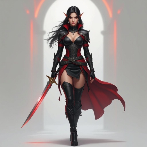 Female High Elf Assassin in Black and Red Leathers and Skirt