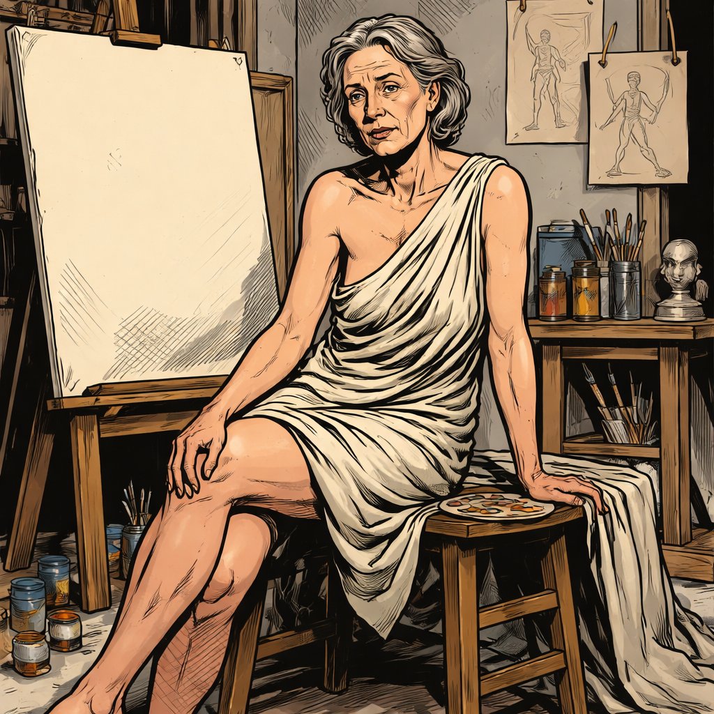 No caricature, no speech bubbles an older tired model is posing in an artist studio. she is plain and not sexy at all.