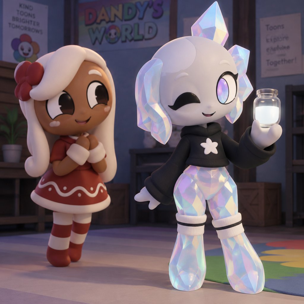Ginger from Dandy’s world watching my dandy’s world Oc and summer main Crafter the Opalite shard who happens to be Gingers love showing her white Ichor aka Purified Ichor and Ginger notices that her legs and hips and waist are Opalite and the tops of her socks have Opalite crystals on them but she doesn’t mind