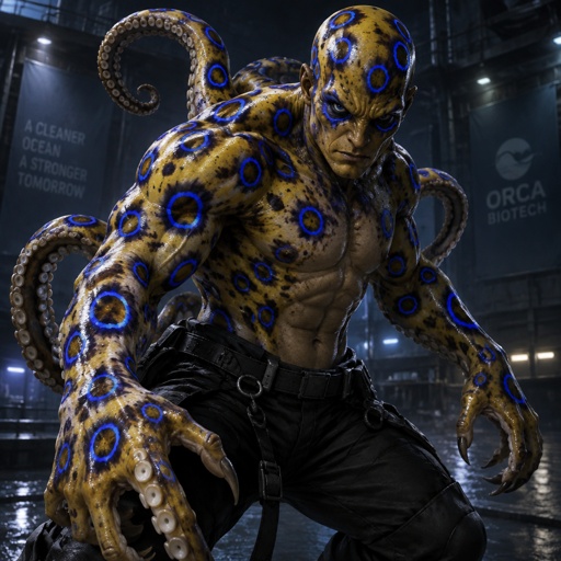 His name is blue ring, a blue ring octopus, half human. His skin is the same as a blue ring octopus, muscular super villain. 