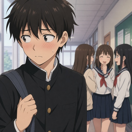 Boy in love but shy about it with girls in the background talking and him watching them 