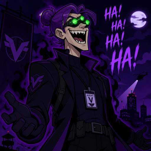 Anime style,Agent Ward male, made to be a weapon,highly skilled, emergency backup case he gets out of control, hair violet messy bun, clean shaven,night vision eyes, sharp teeth, dark power, tall, dangerous, intimidating, laugh like a maniac,big grin, crazy, has to take medicine to keep him calm,he is used as an emergence backup 