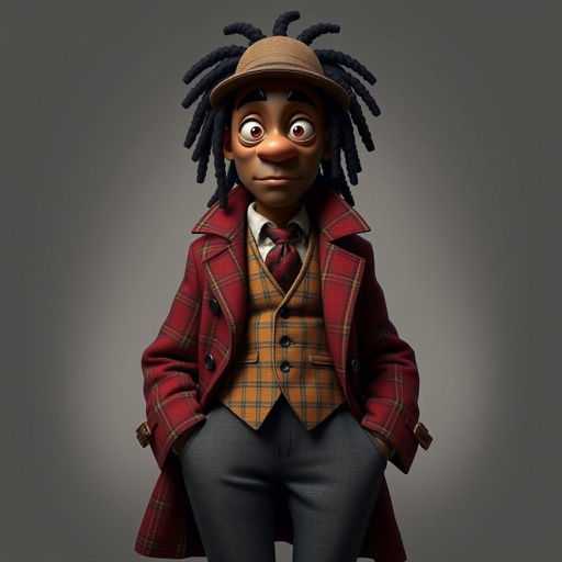 Create a funny character similar to Sherlock Holmes, but make him of black decent and with dread locks. Show his whole outfit including his shoes.