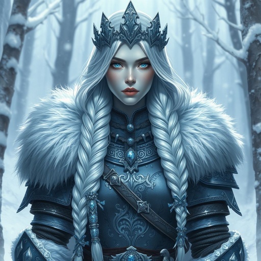 Create a character head to toe showing the whole character, meaning legs feet body face everything: A tall, battle-hardened woman with pale, icy-blue skin. Her long silver hair flows in braids tipped with frozen beads. She wears heavy, fur-lined armor made from the hides of snow beasts. Her eyes glow faint blue. A frost-shaped crown rests lightly on her head.