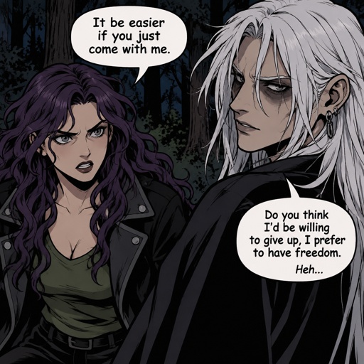 Anime style, male, name kai, highly skilled in fighting all fighting styles and weapons, long long white hair half in face, dark bags, white skin,earrings, history unknown, Female, name is Beth, medium wavy dark purple hair, gray eyes, short, open jacket with a dark green shirt, she is a Bounty Hunter for hire, there fighting in the woods looking at each other Beth with and angry face and Kai with a serious face both are glaring Beth says “it be easier if you just come with me”Kai small chuckle “do you think I’d be willing to give up,I prefer to have freedom 