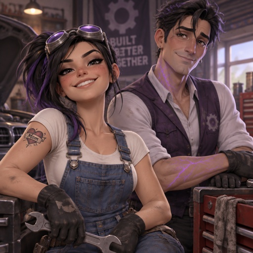 Female, freckles, 18, side ponytail black hair with purple strips, mechanic goggles, white shirt no sleeves no cleavage showing, Jean suspenders, black work gloves, big smirk, eyebrow piercing, red heart with an arrow going through it with the word mom on the heart tattoo on right shoulder, Male, slim, black messy hair, back hair, brushed side hair, strands of hair in the middle of forehead, ear piercing ring, gloves, purple glowing veins, purple vest, white shirt, no facial hair, father and daughter 