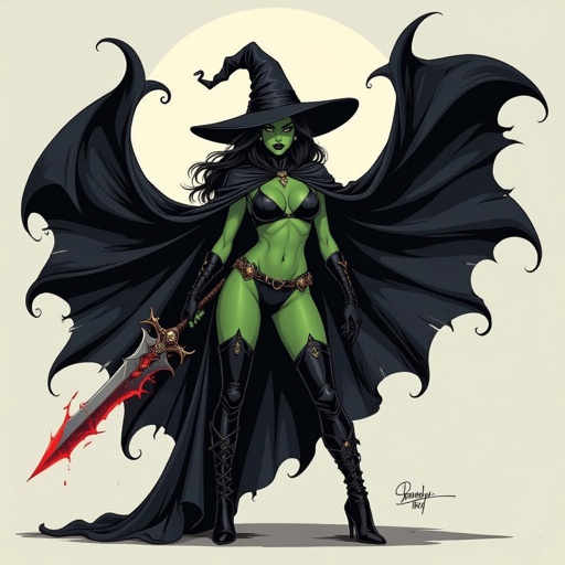 sexy shadow demon witch gypsy slate grey skin large black billowing cloak that emits darkness and shadow. Two piece. Witches Hat.  Wields Evil  Flamberge