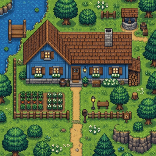 Cozy long house with a slanted roof, blue, for a modern fantasy game, top down style