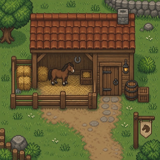 cozy small single stable for a modern fantasy game, exterior, top down style