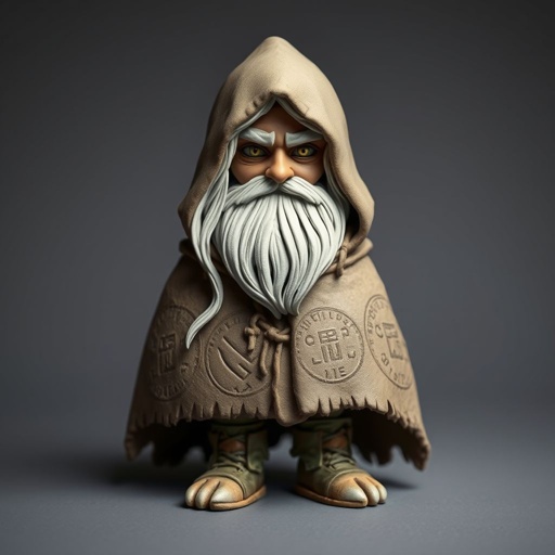 Create old aged character: The Silver-Eyed Wanderer – A tall, long beard hooded androgynous figure with hair that white. piercing silver eyes seem to see both past and present at once. a long, tattered cloak covered in stitched symbols from lands unknown. Show her whole body head to toe including her shoes.