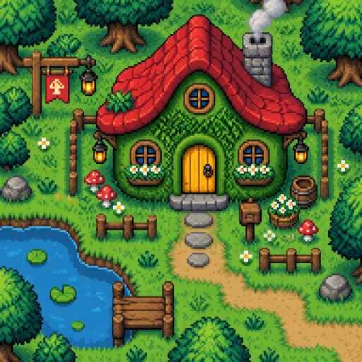 Fairy house, unique, for a modern fantasy game, exterior, top down style, shading and highlights