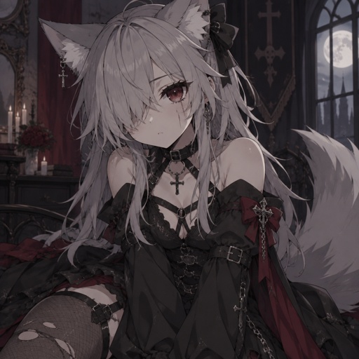 Wolf furry girl, goth, scars, missing eye