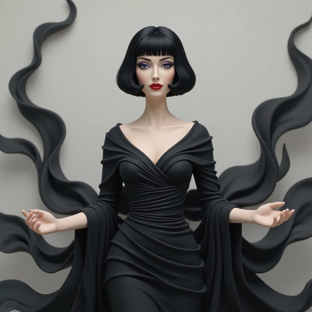 Create A lithe, mysterious woman draped in layered black silks that move like smoke around her. Her jet-black hair is cut sharp to her jawline, and her violet eyes seem to pierce through darkness.